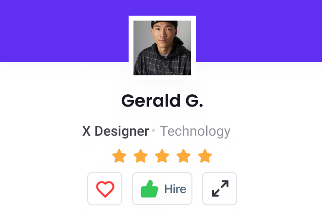 Portrait of a man wearing a dark hoodie and black beanie, identified as Gerald G., UX Designer in Technology with a five-star rating and icons for like, hire, and share. | RemoteGenies