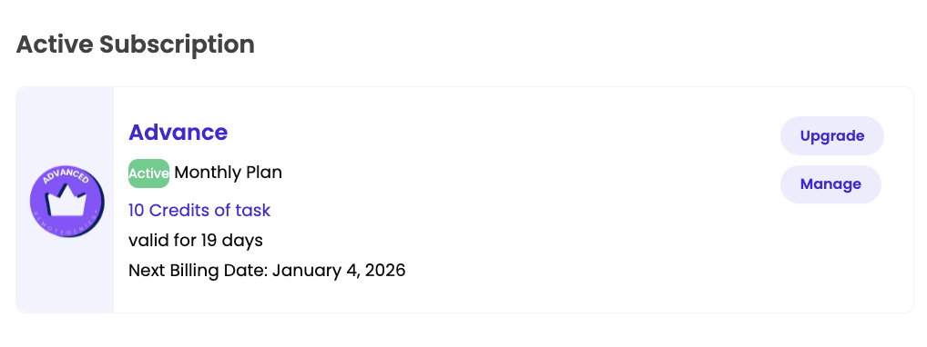 Subscription details showing an active Advance Monthly Plan with 10 task credits, valid for 19 days, next billing date January 4, 2026, and buttons for Upgrade and Manage. | RemoteGenies
