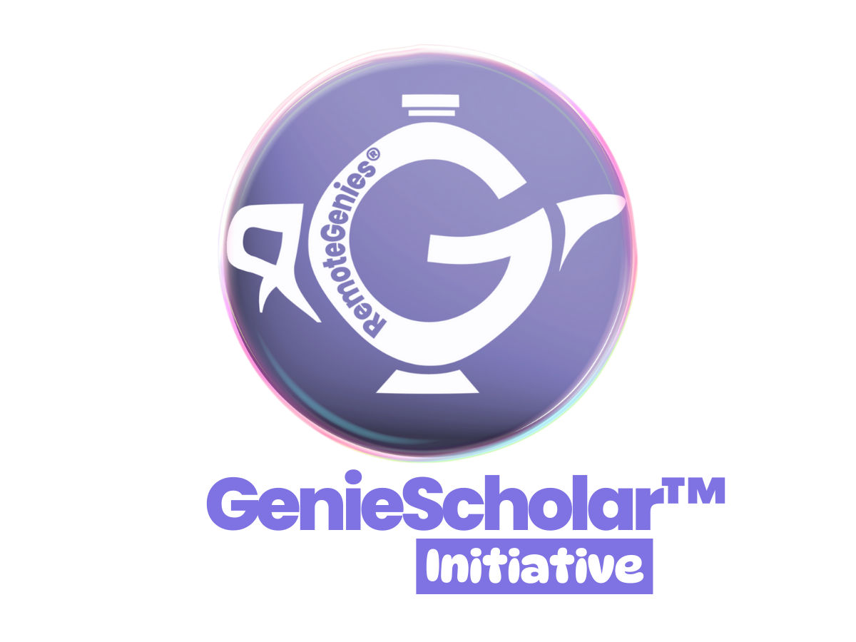Purple circular logo with a stylized white teapot shape containing the text 'RemoteGenies®', below it the text 'GenieScholar™ Initiative' in purple and white.
