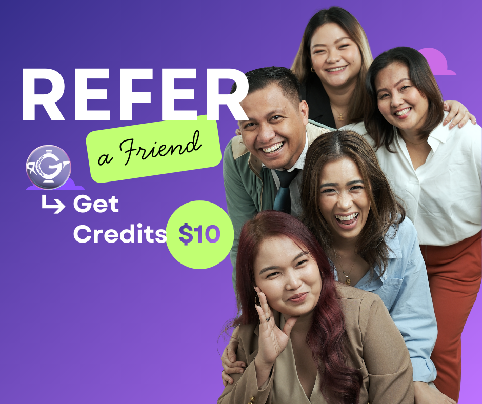 Group of five smiling diverse adults posing together on a purple background with text 'Refer a Friend, Get Credits $10'.