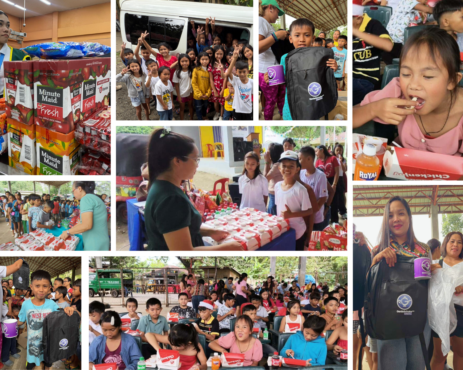 Collage of photos showing children receiving school backpacks, enjoying meals, and standing in line at an outdoor event with adults distributing food and supplies. | GenieScholar by remotegenies