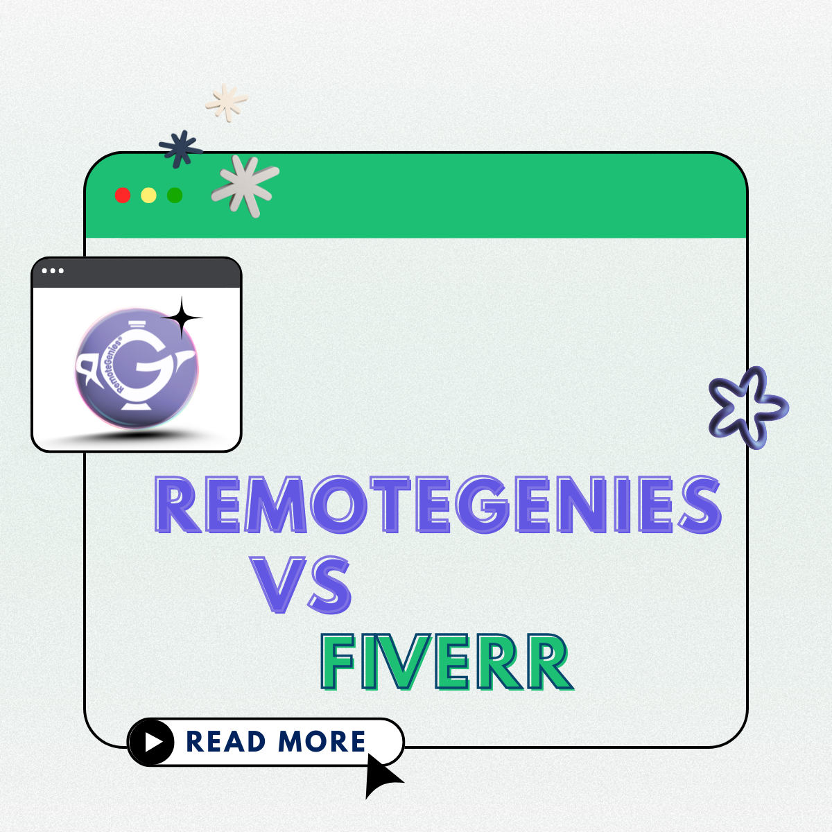 Smiling woman with sunglasses holding coffee, phone, and books next to RemoteGenies vs Fiverr text.