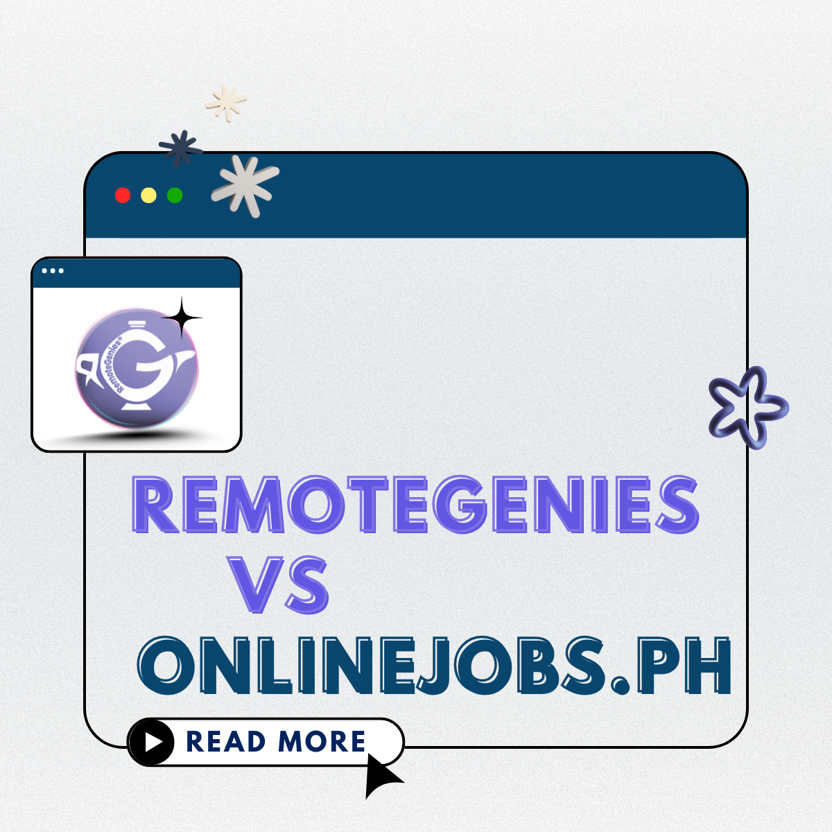 Browser window graphic with RemoteGenies logo and text RemoteGenies vs OnlineJobs.ph with a read more button.