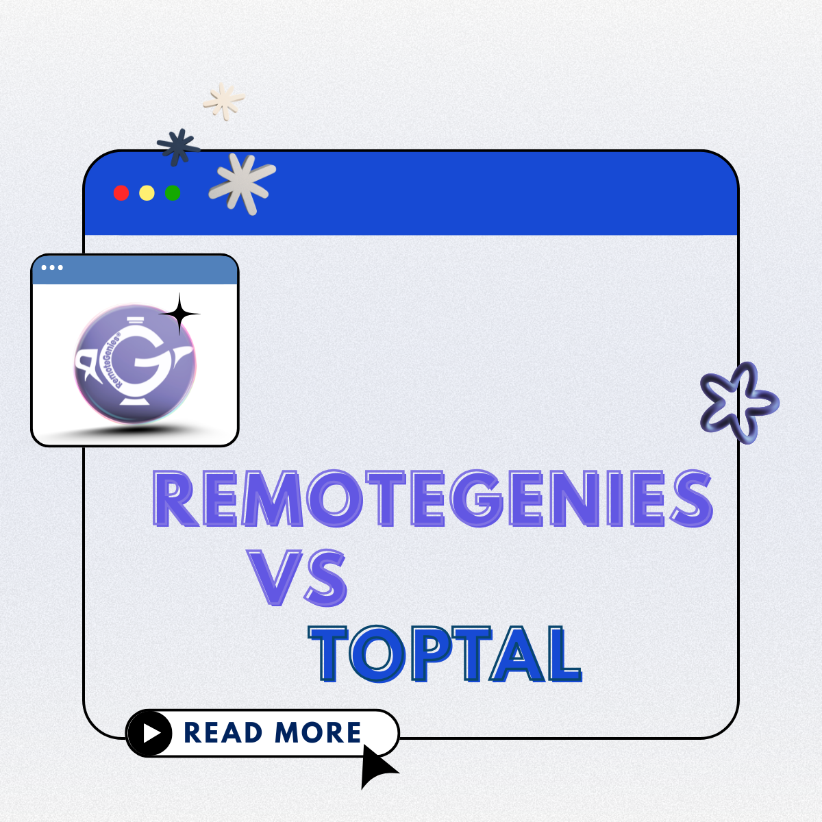 Website window showing RemoteGenies vs VA Agencies text with a Read More button and RemoteGenies logo.