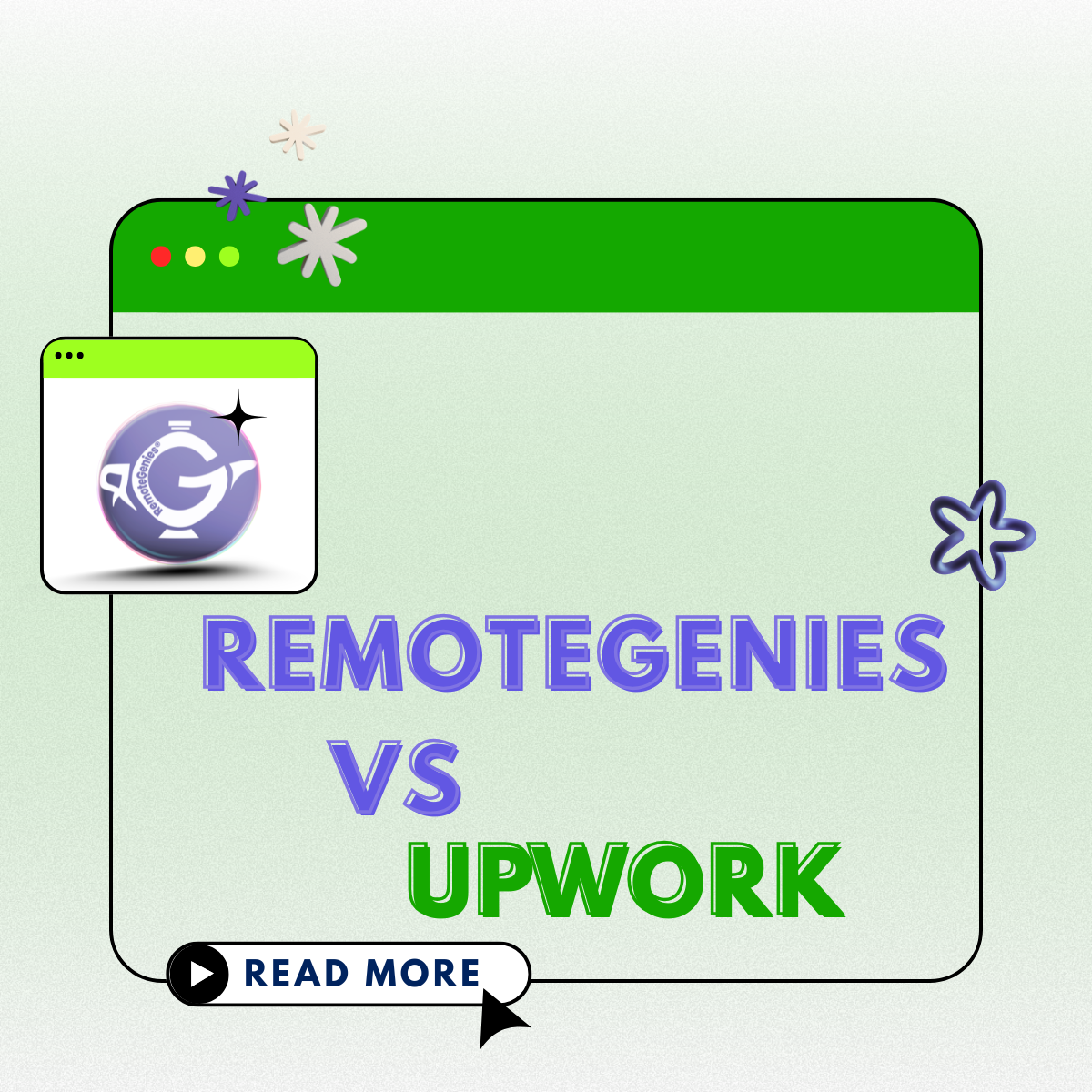 Five people smiling grouped on left, text RemoteGenies vs Upwork with a read more button on right.