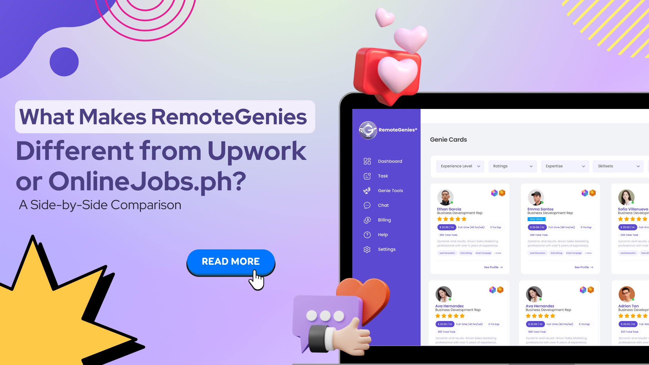 RemoteGenies is the top freelance marketplace for hiring pre-vetted Filipino freelancers. Get high-quality talent for a fraction of the cost.