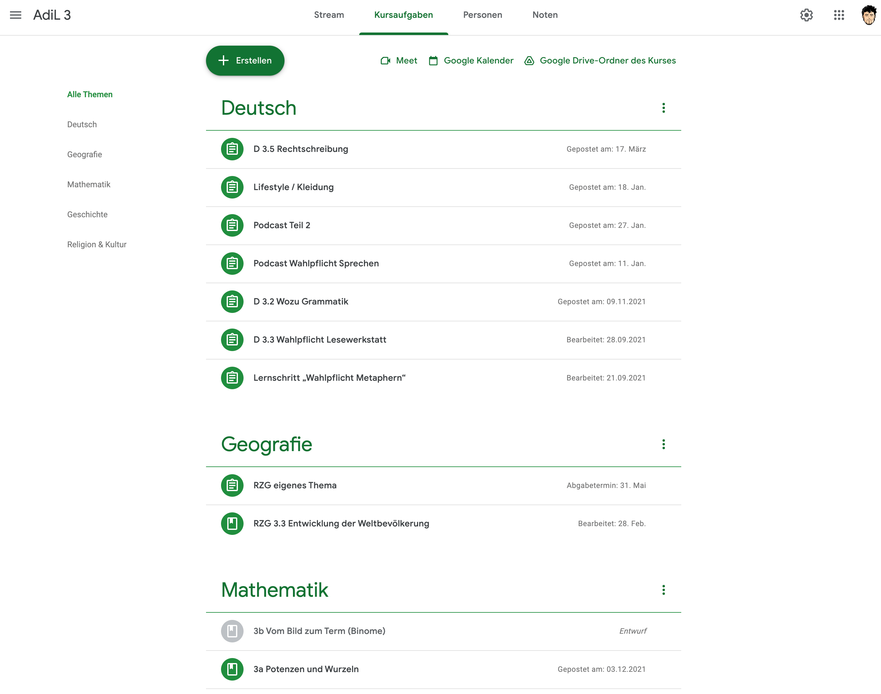 Kursaufgaben in Google Classroom