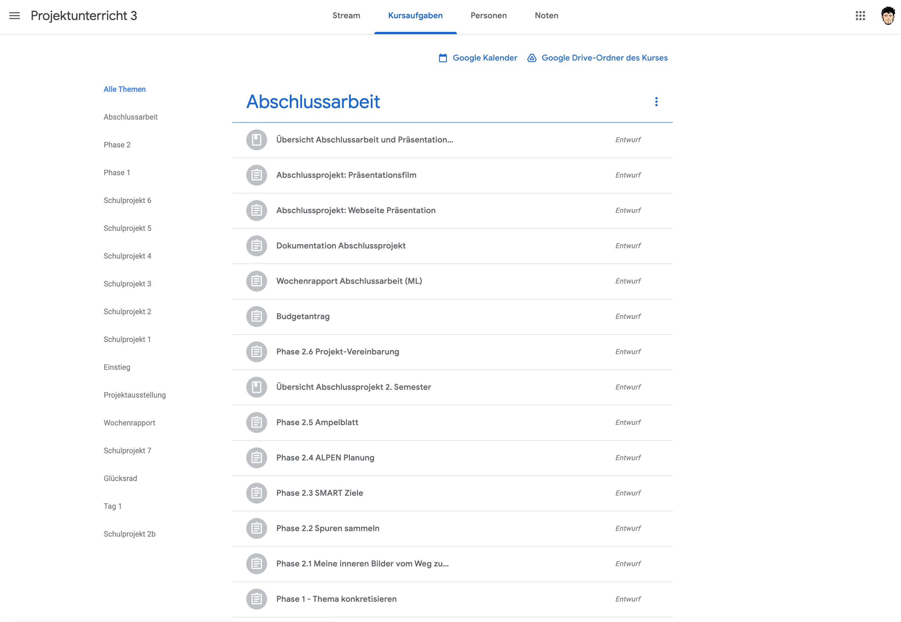 Screenshot Google Classroom - Projektunterricht