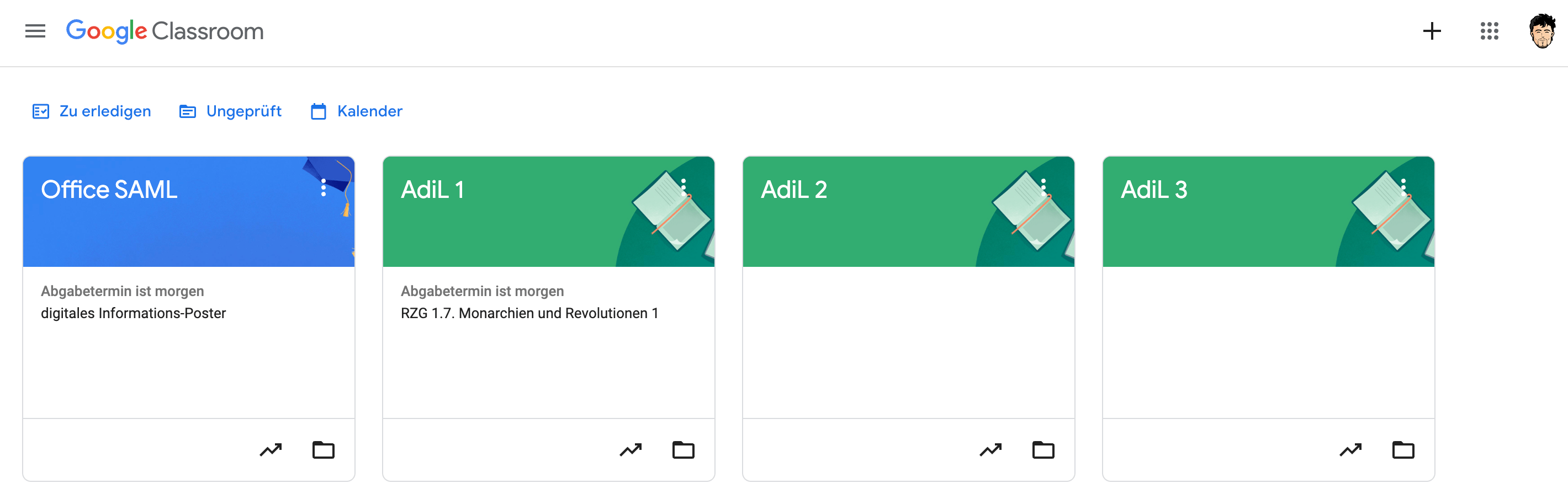 Kursübersicht für altersdurchmischtes Lernen in Google Classroom