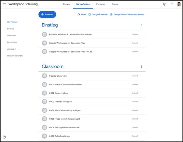 Screenshot von Kursaufgaben in Google Classroom