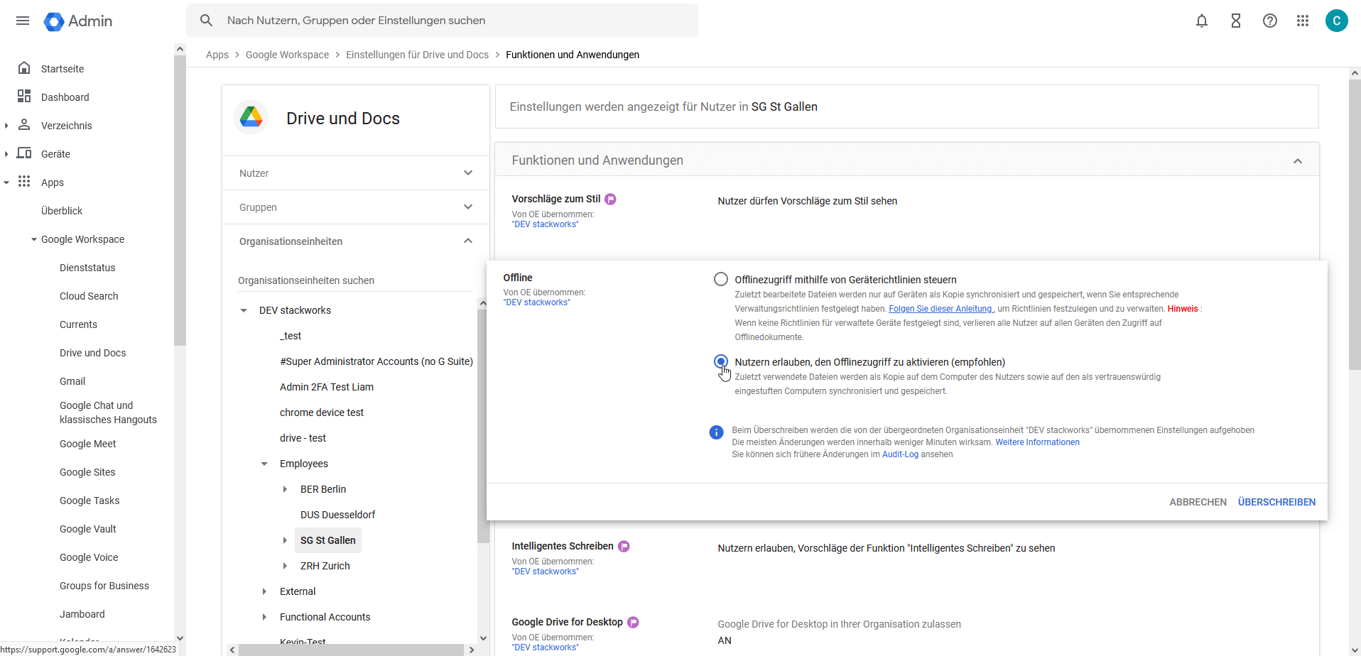 The Google Admin Console centrally configures all functions of Drive and Docs.