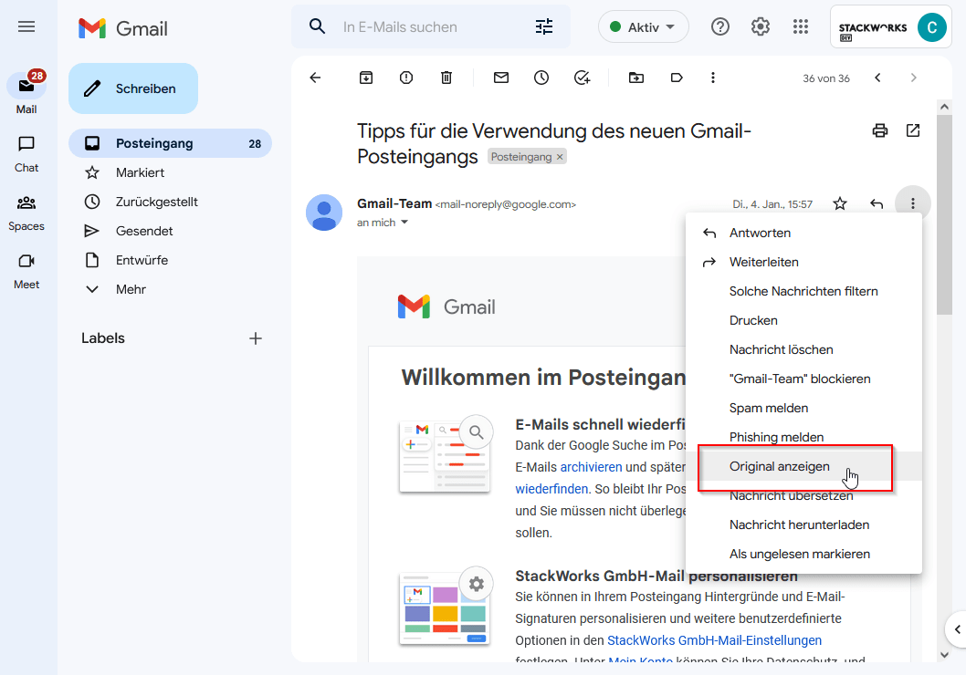 Details zum SPF Status einer E-Mail
