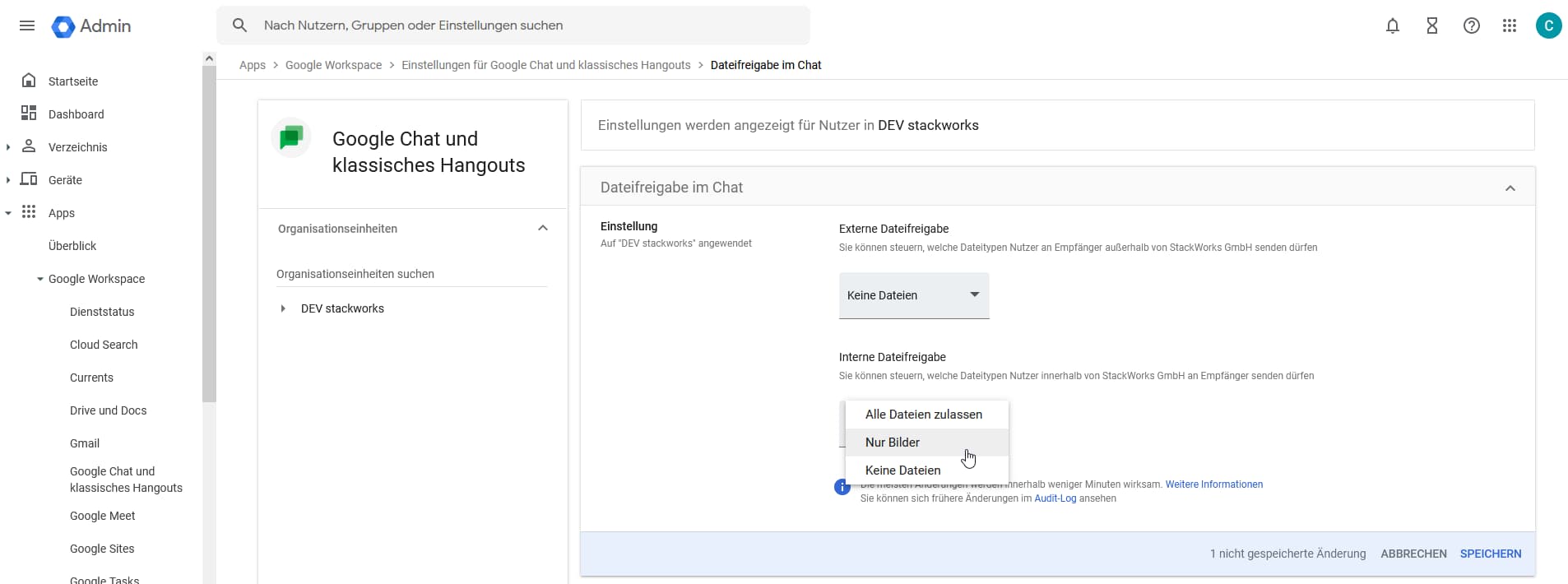 Google Chateinstellungen in der Admin Console