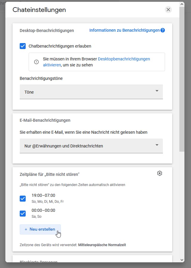 Chateinstellungen für Google Chat