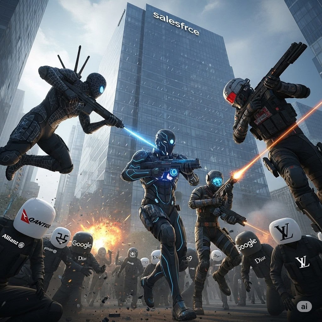 An AI-generated image, posted by alleged ShinyHunters members, depicts the threat actor groups targeting Salesforce and other victims.