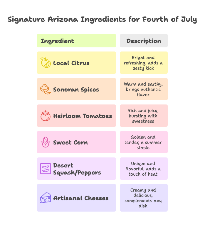 Infographic showing key Arizona seasonal ingredients used in Scottsdale luxury Fourth of July catering menus