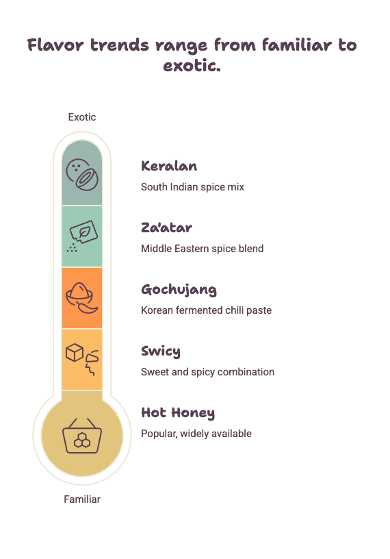 Graphic showing 2026 flavor trends, including hot honey's nearly 197 percent menu growth and leading flavors like swicy and gochujang.