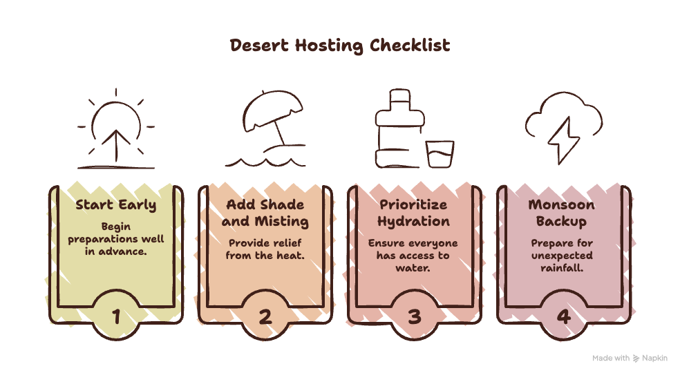 A desert hosting checklist infographic with four icons advising hosts to start early, add shade and misting fans, prioritize hydration, and prepare a monsoon backup plan.
