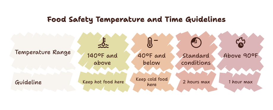 Food safety guide for outdoor weddings: keep hot food at 140°F or above and cold food at 40°F or below.