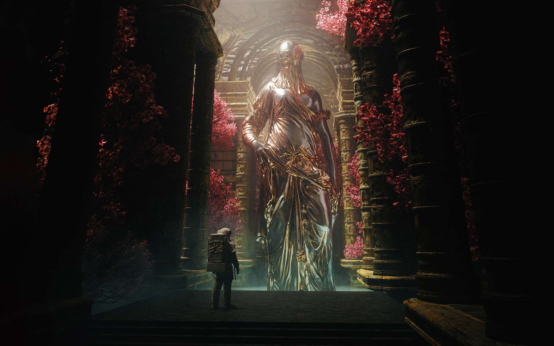 An astronaut stands in front of a very tall sculpture of a woman 3d render.