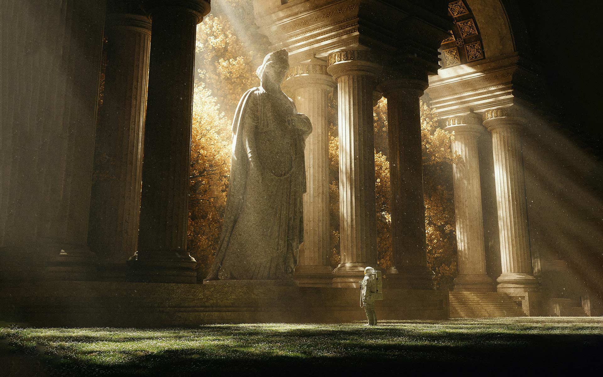 An astronaut stands in front of a very tall sculpture of a woman 3d render.