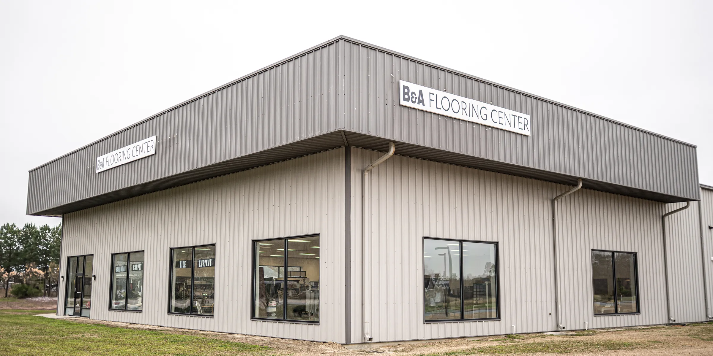The exterior metal building of B&A Flooring Center in Elizabeth City, NC