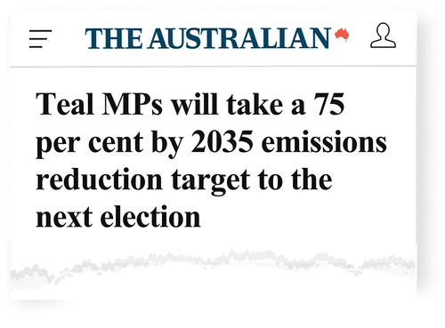News article by The Australian: Teal MPs will take a 75 per cent by 2035 emissions reduction target to the next election