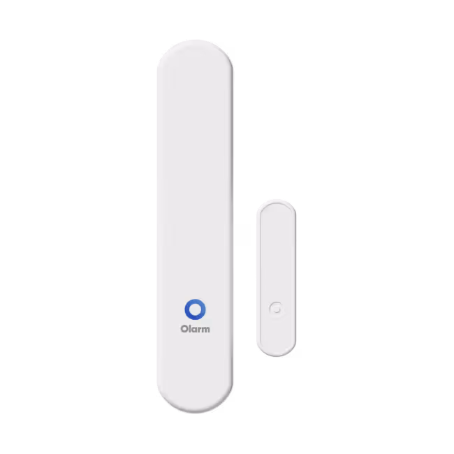 White Olarm wireless door or window sensor with a blue indicator light.