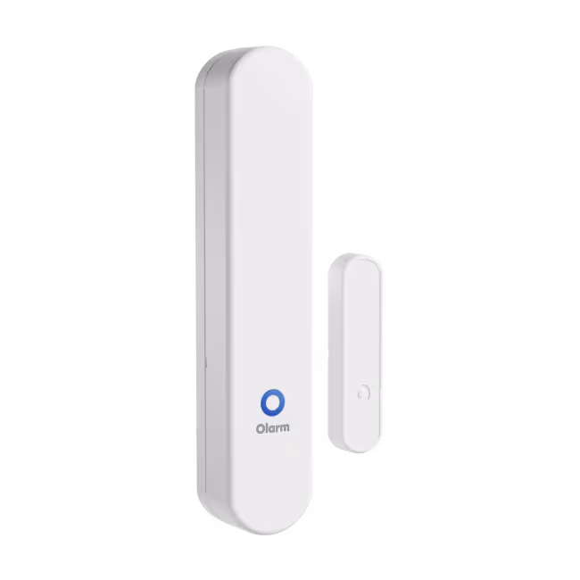 White Olarm entry sensor with a small rectangular magnet and a blue LED light.