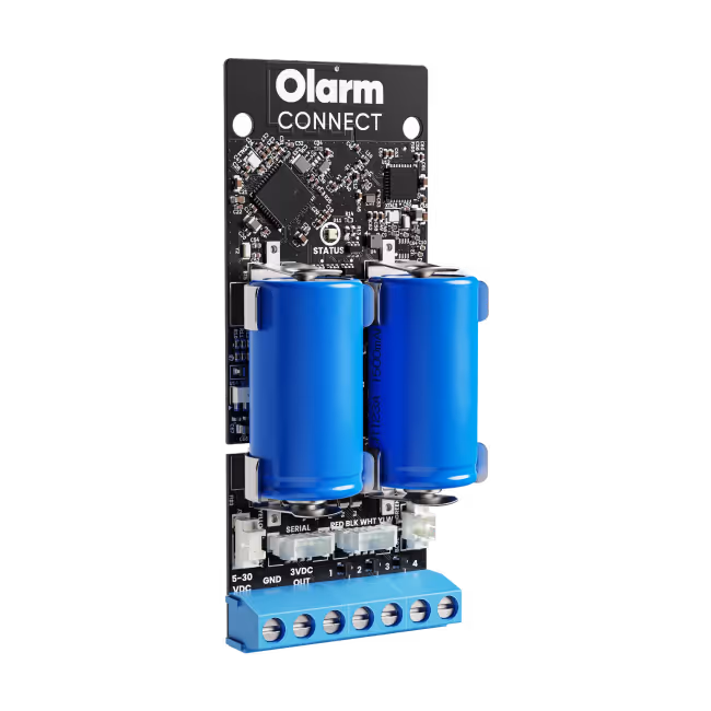 Olarm Connect circuit board with two blue cylindrical batteries attached.