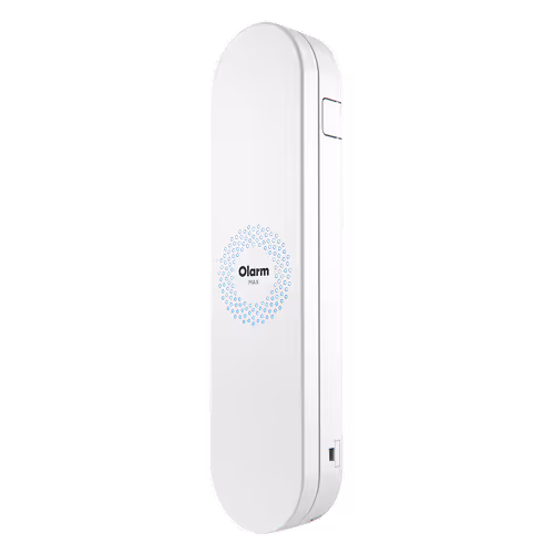 White, rectangular Olarm MAX security sensor with rounded edges and logo on the front.