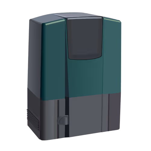 3D rendered image of a dark green and gray rectangular electronic device with a small latch on the front side.