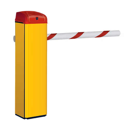 Yellow and red parking barrier gate with a white and red striped arm raised.
