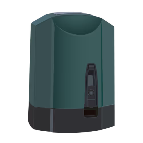 Green and black automated gate motor with a central control panel and button.