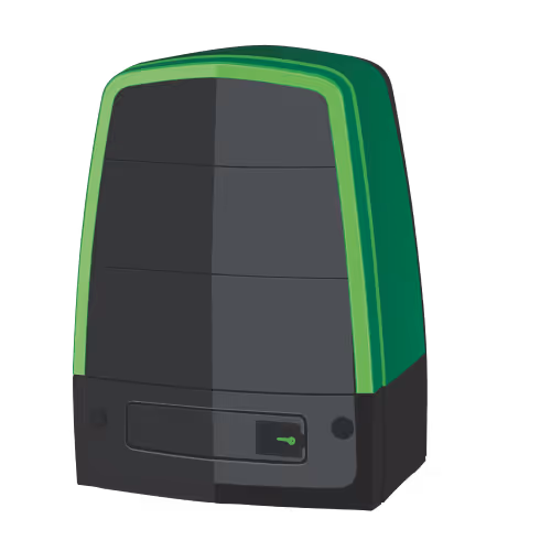 Green and black rectangular device with a keyhole on the front panel.