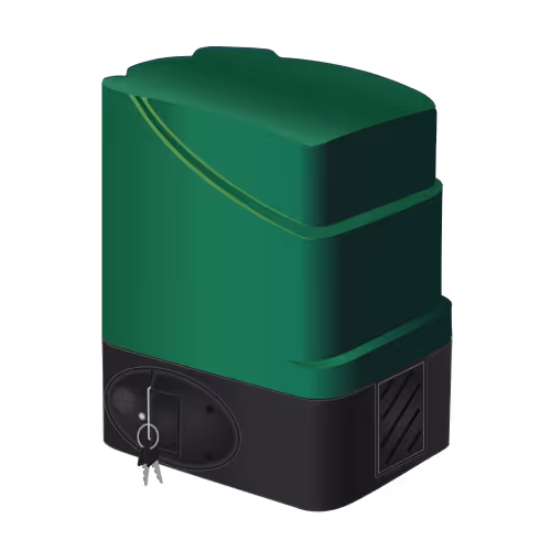 Green and black electric gate motor with key lock and two keys attached.