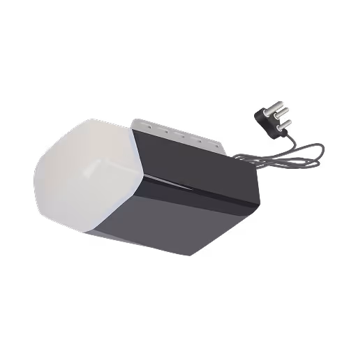 Black and white electronic garage door opener with three-prong power plug.