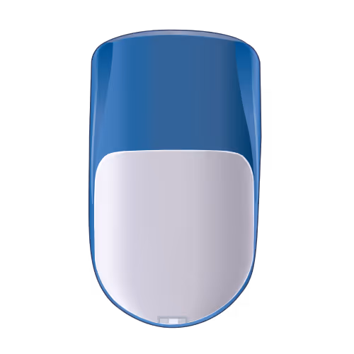 Blue and white computer mouse viewed from above with a glossy finish.