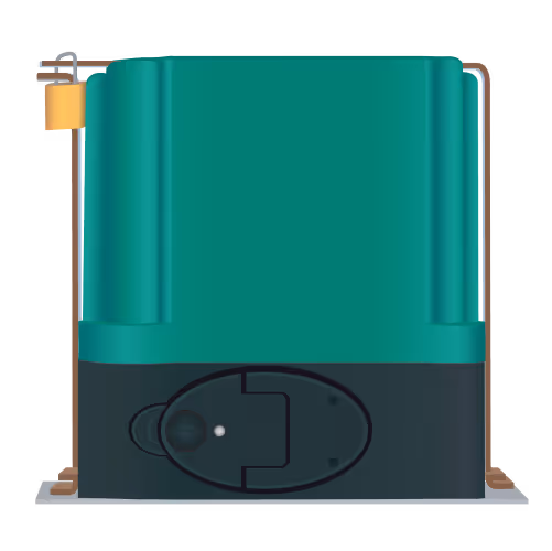 Green and black automatic gate opener with mounting brackets and attached wires.