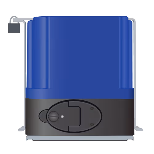 Front view of a blue and black sliding gate motor with a control unit attached by a wire.