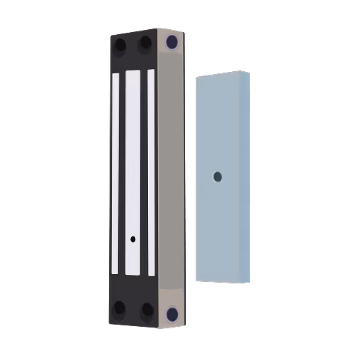 Diagram of a rectangular electromagnetic strike maglock with its metal mounting plate facing right.