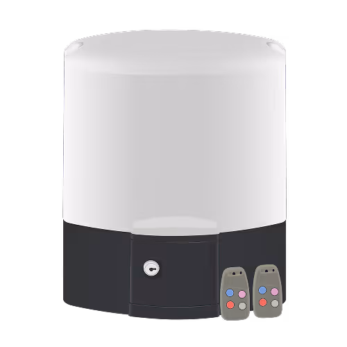 White and black cylindrical automatic gate opener with two small remote controls featuring colored buttons.