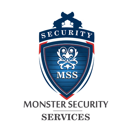 Monster Security Services logo with a blue shield featuring a white ornate design and MSS initials, topped with the word SECURITY and two crossed guns.