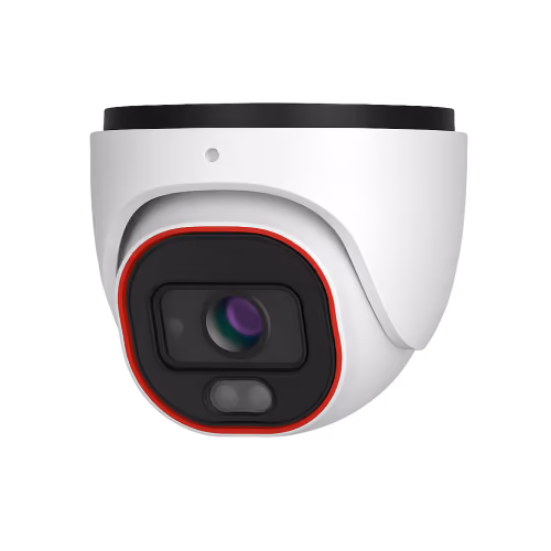 White dome-shaped security camera with a black lens and red outline detail.