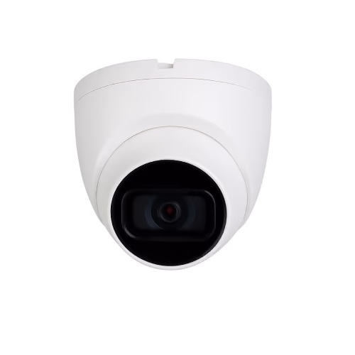 White dome security camera with black lens area.