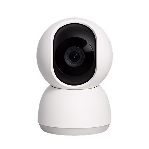 White dome-shaped security camera with a central black lens on a plain background.