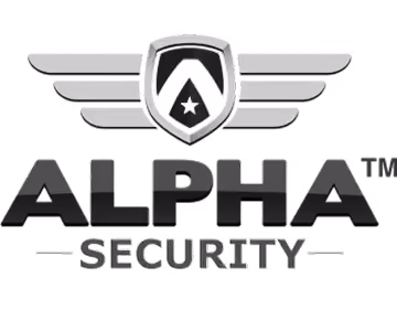 Alpha Security logo with stylized wings and shield featuring a star.