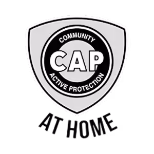 Shield logo with the text Community Active Protection CAP and 'At Home' underneath.