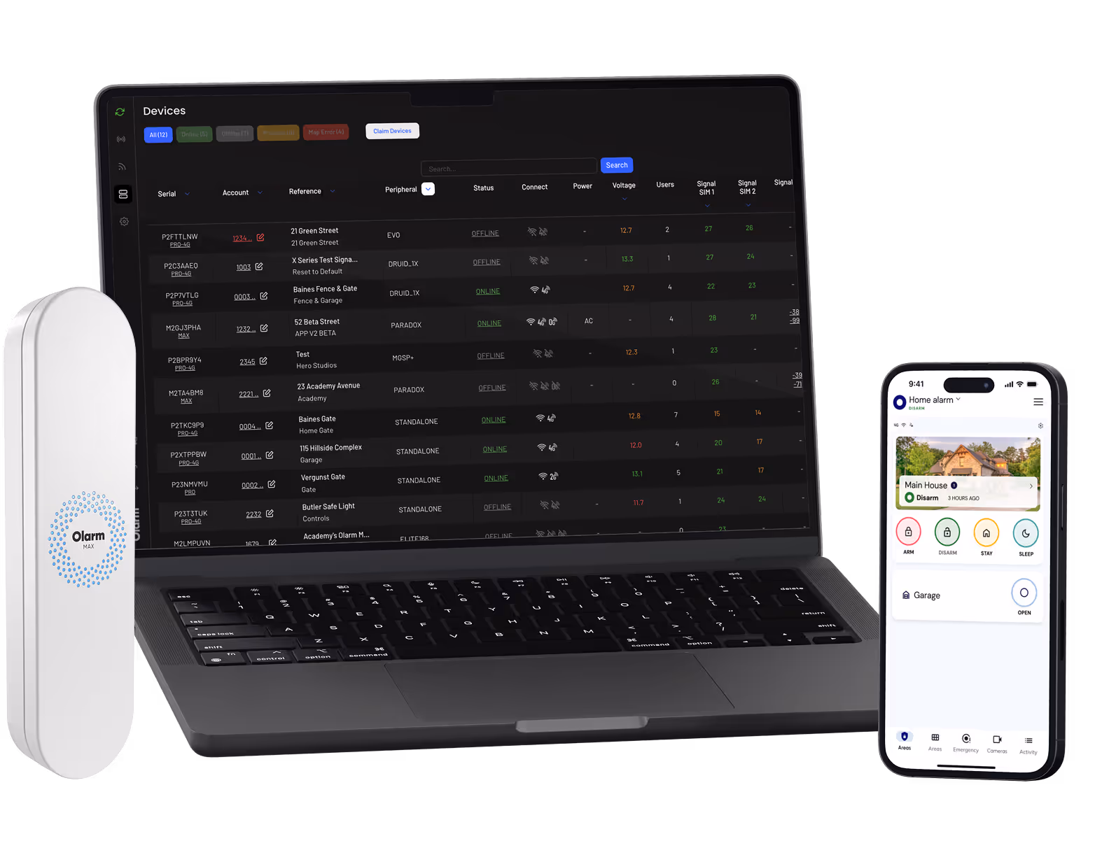 Security system setup featuring an Olarm Max device, a laptop displaying device management software, and a smartphone showing a home alarm app interface.