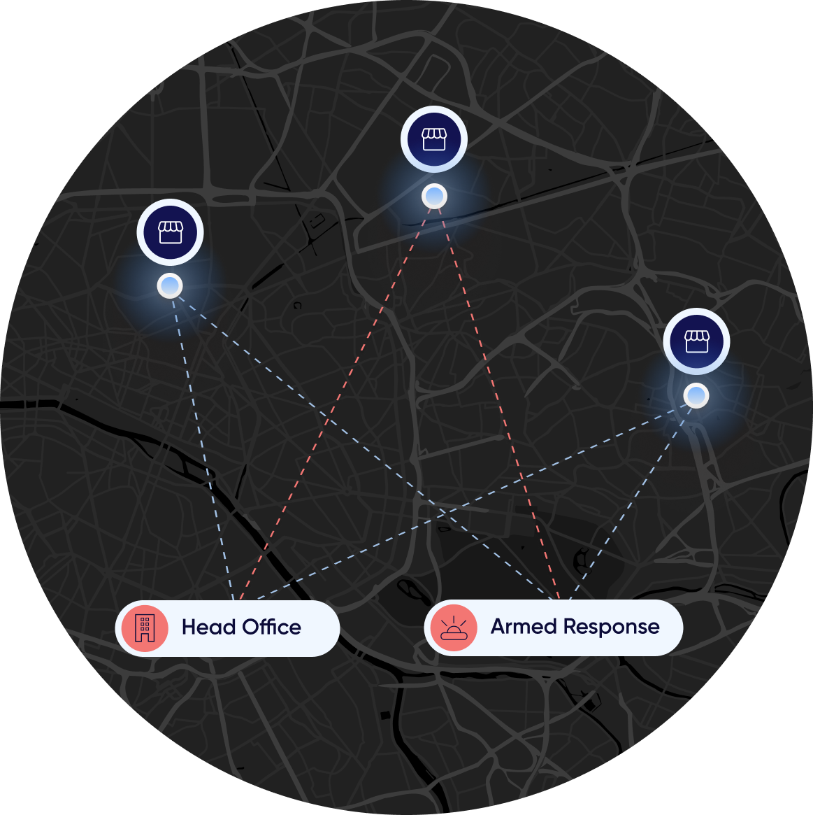 Dark circular map showing three store locations connected by dotted lines to two labeled points: Head Office and Armed Response.